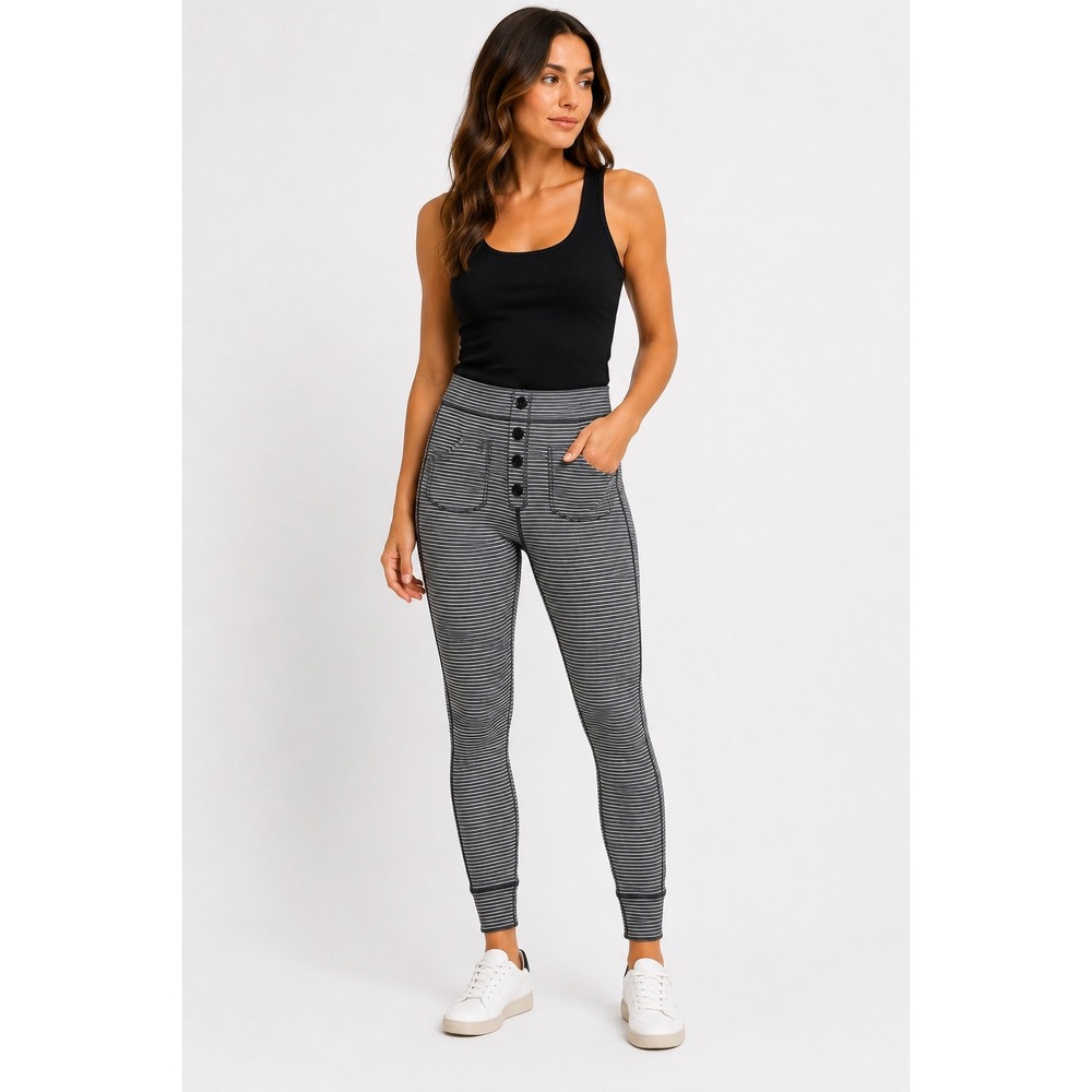 Halara Black Gray Striped High Waisted Faux Button Leggings Joggers NEW Size M